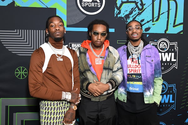 From left: Offset, Takeoff, and Quavo of Migos attend Bud Light Super Bowl Music Fest / EA SPORTS BOWL at State Farm Arena on January 31, 2019 in Atlanta, Georgia.  (Photo by Kevin Mazur/Getty Images for Bud Light Super Bowl Music Fest / EA SPORTS BOWL)