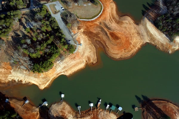 LAKE LANIER, GA -- Aerial photo of Lake Lanier on Friday, Jan. 4, 2007. The record low level of the lake occurred in December of 2007 when the lake fell to an elevation of 1050.79 ft, approximately 20 feet below its full level. ALLEN SULLIVAN/Staff