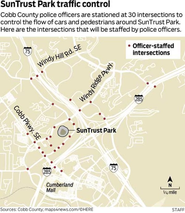 Cobb County police will man 30 intersections around SunTrust Park, at a cost to Cobb taxpayers of about $900,000 per year. Source: Cobb County