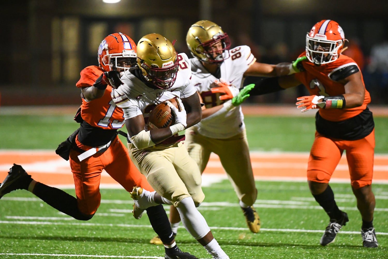 Ian McGill, running back for Brookwood, slips past Kendall Beard, running back for Parkview, at the Parkview vs. Brookwood High School Football game on Friday, Oct. 28, 2022, at Parkview High School in Lilburn, Georgia. (Jamie Spaar for the Atlanta Journal Constitution)