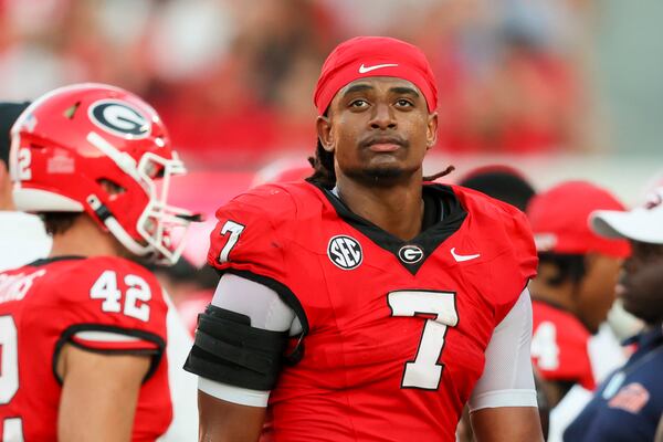 Georgia linebacker Marvin Jones Jr. (7) is shown on the sideline during their game against UT Martin at Sanford Stadium, Saturday, September 2, 2023, in Athens, Ga. (Jason Getz / Jason.Getz@ajc.com)