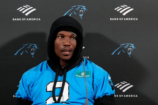 Carolina Panthers cornerback Michael Jackson attends a news conference after a practice session in Munich, Germany, Friday, Nov. 8, 2024. The Carolina Panthers are set to play the New York Giants in an NFL game at the Allianz Arena in Munich on Sunday Nov. 10. (AP Photo/Matthias Schrader)