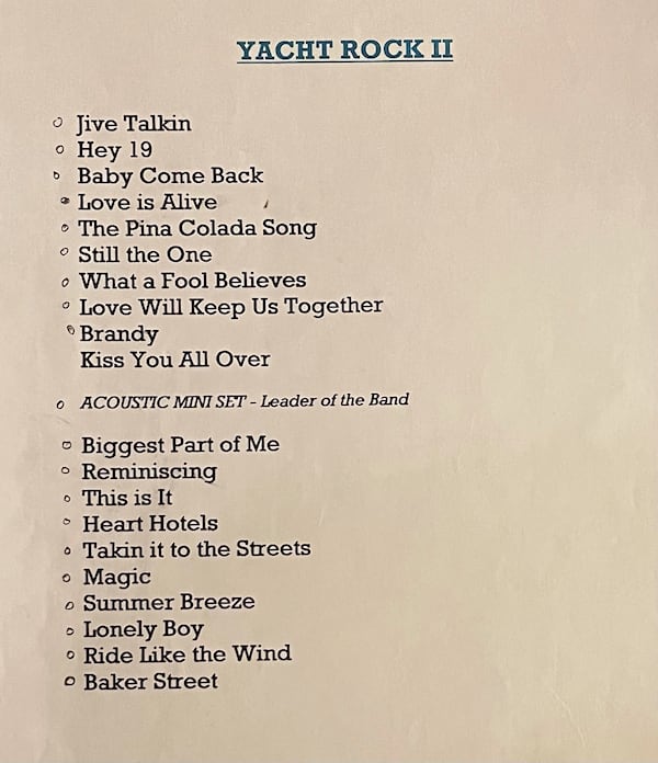 Mark Cobb, the Yacht Rock Revue drummer, saved the original set list from October 5, 2007, the night that ultimately beget the band that lives on 14 years later. CONTRIBUTED