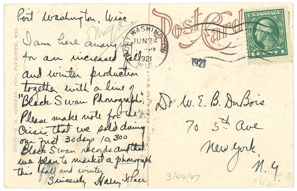 Postcard from Harry H. Pace to W. E. B. Du Bois, June 24, 1921. W. E. B. Du Bois Papers (MS 312). Courtesy of Special Collections and University Archives, University of Massachusetts Amherst Libraries