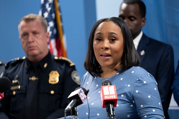 Fulton County District Attorney Fani Willis speaks to journalists about a federal grant that is allowing her office and the Atlanta Police Department to increase work on the backlog of rape kits during a press conference in Atlanta on Thursday, Sept. 14, 2023.   (Ben Gray / Ben@BenGray.com)