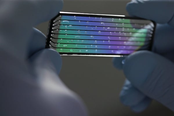 In this file photo, a research technician holds up a used flow cell to display its intricacies at the Genome Institute at Washington University. (Cristina Fletes-Boutte/St. Louis Post-Dispatch/TNS)