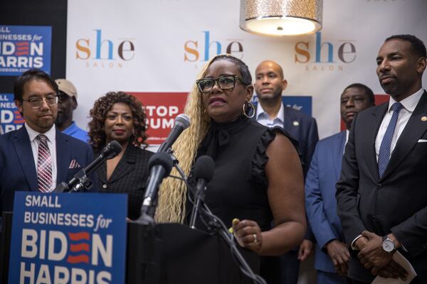 Gina Palmer, owner of She Salon in the Castleberry Hill neighborhood, talks about how her business weathered the COVID-19 pandemic during a campaign event for President Joe Biden ahead of the presidential debate set in Atlanta on June 27.