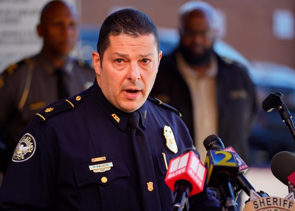 Maj. Pete Malecki with the Atlanta Police Department gives an update to the media regarding the shooting death of Fulton County sheriff's Deputy James Thomas on Thursday. 