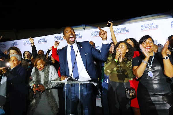 Atlanta Mayor elect Andre Dickens gives his victory address at his election night watch party on Tuesday, Nov. 30, 2021, at the Gathering Spot in Atlanta.   “Curtis Compton / Curtis.Compton@ajc.com”`