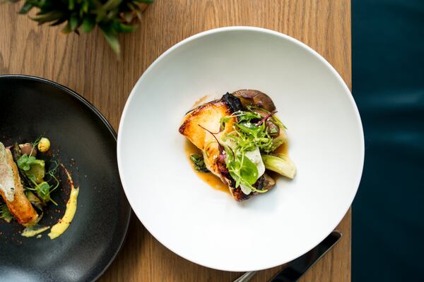 Miso Sea Bass with charred bok choy, pickled shiitake mushrooms, orange miso, ricepuff, and scallion salad. Photo credit- Mia Yakel.