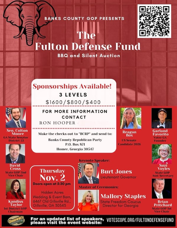 A flyer for an upcoming Banks County GOP “Fulton Defense Fund” event. 