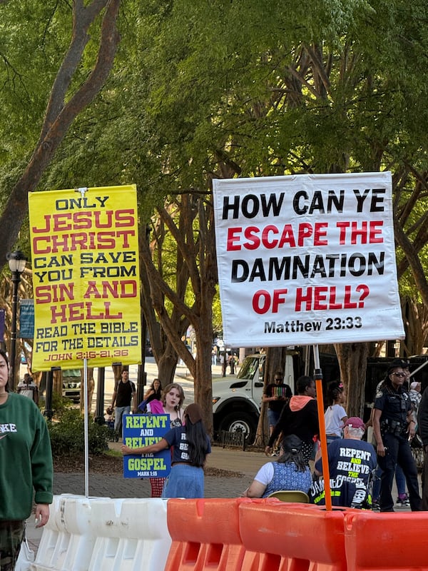 Religious protesters on 10th Street during the 2024 Atlanta Pride Parade.