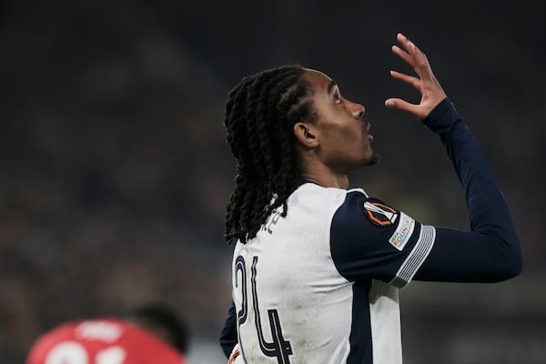 Tottenham's Djed Spence gestures during the Europa League round of 16 first leg match between AZ and Tottenham at AFAS Stadium, in Alkmaar, in Alkmaar, Netherlands , Thursday, March 6, 2025. (AP Photo/Patrick Post)