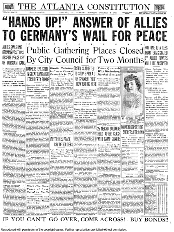 Oct. 8, 1918 -- Atlantans learn that public gathering places will be closed in an attempt to stem the growing spread of "Spanish flu." AJC PRINT ARCHIVES