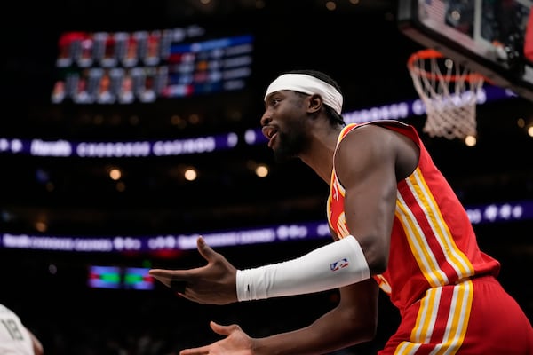 Atlanta Hawks guard Caris LeVert (3) looks to the referee yelling for a foul after shooting in the first half of an NBA basketball game against the Milwaukee Bucks, Tuesday, March 4, 2025, in Atlanta. (AP Photo/Brynn Anderson)