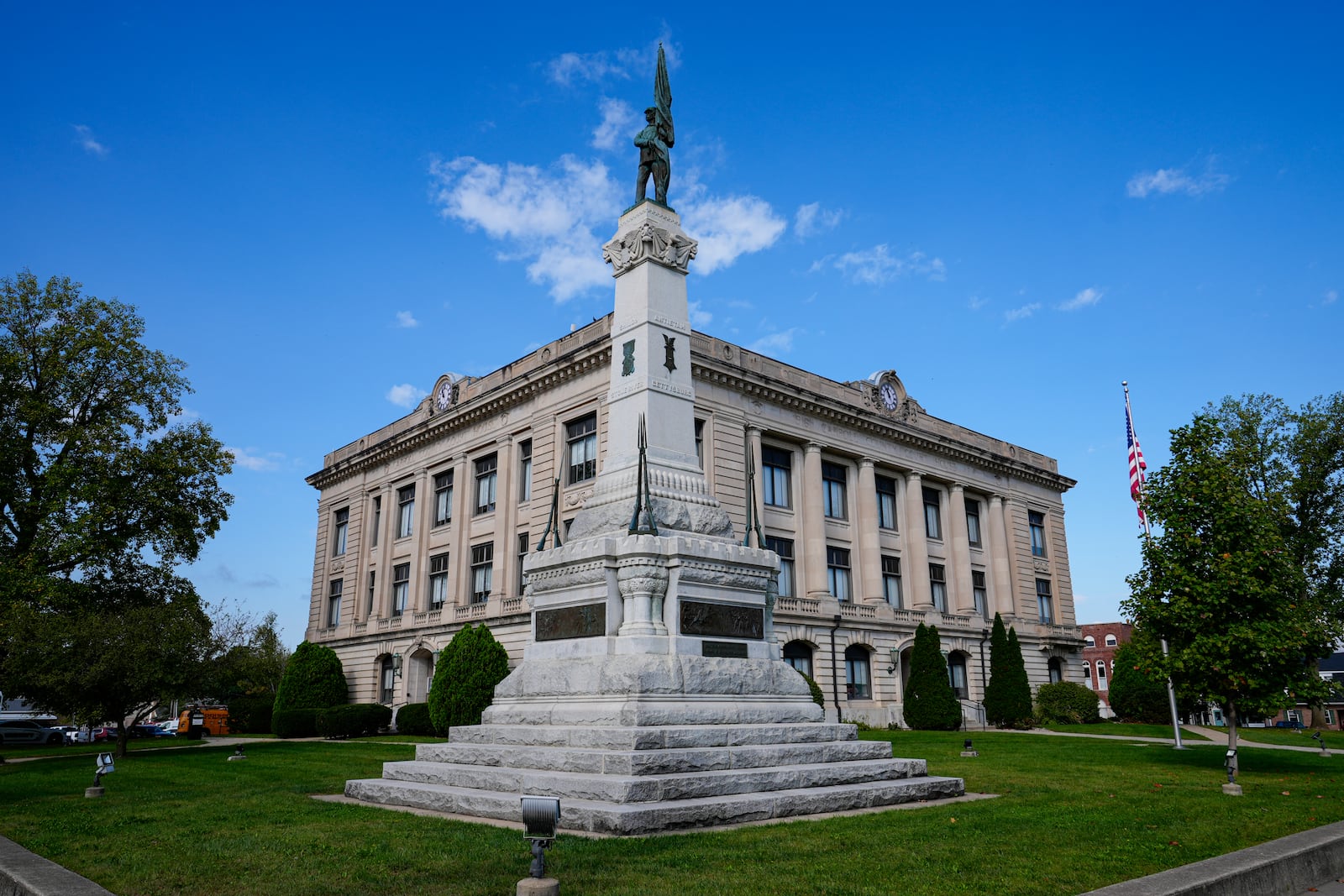 The Soldiers and Sailors Monument on the grounds of the Carrol County Court House is shown in Delphi, Ind., Tuesday, Oct. 1, 2024. (AP Photo/Michael Conroy)