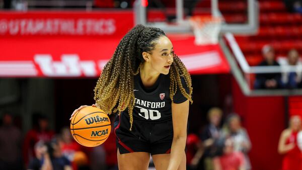 Stanford guard Haley Jones (30) dribbles the ball in the first of an NCAA college basketball game against Utah Saturday, Feb. 25, 2023, in Salt Lake City. (AP Photo/Rob Gray)