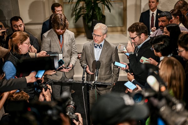 U.S. Rep. Patrick McHenry (R-N.C.) speaks to reporters after Rep. Jim Jordan (R-Ohio) lost an internal Republican vote to continue as the party’s nominee for speaker on Capitol Hill in Washington, Oct. 20, 2023. (Kenny Holston/The New York Times)