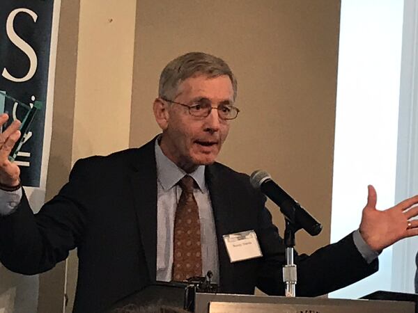 Randy Travis of Fox 5 accepting an Atlanta Press Club TV Reporting Award for "$2 Tests, Bad Arrests" on April 16, 2019.