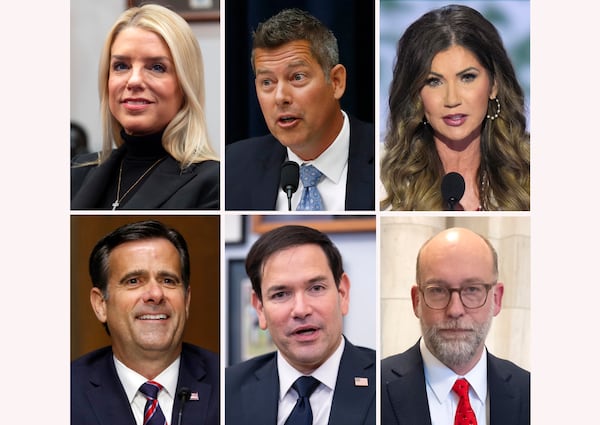 This combination photo of President-elect Donald Trump's nominees who will have confirmation hearings Wednesday, Jan. 15, 2025, shows Attorney General nominee Pam Bondi, from top left, Transportation Secretary nominee Sean Duffy, Secretary of Homeland Security nominee South Dakota Gov. Kristi Noem, and from bottom left, CIA Director nominee John Ratcliffe, Secretary of State nominee Sen. Marco Rubio, R-Fla., and Russell Vought, nominee for director of the Office of Management and Budget. (AP Photo)