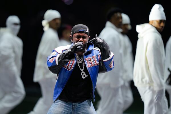 Kendrick Lamar performs during halftime of the NFL Super Bowl 59 football game between the Kansas City Chiefs and the Philadelphia Eagles, Sunday, Feb. 9, 2025, in New Orleans. (AP Photo/Matt Slocum)