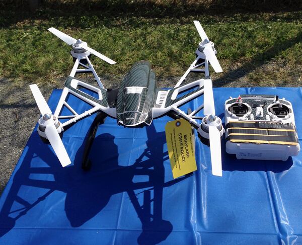 Maryland State Police and prison officials says two men planned to usethis Yuneec Typhoon drone and controller to smuggle drugs, tobacco and pornography videos into the maximum-security Western Correctional Institution near Cumberland, Md., in 2014. (AP Photo/David Dishneau, File)