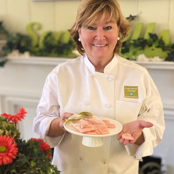 Sugar Marsh Cottage chocolatier Dale Potts specializes in seafood-shaped chocolates, such as these pink buttermint shrimp. CONTRIBUTED BY SUGAR MARSH COTTAGE