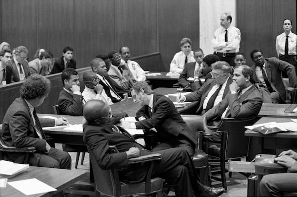 FILE -- Five of the six defendants in the Central Park Jogger case during a court appearance in New York, Feb. 23, 1990. From left: Steven Lopez, Antron McCray, Kevin Richardson, Yusef Salaam and Michael Briscoe. Steven Lopez is expected to have a robbery charge linked to the 1989 attack cleared from his record. (James Estrin/The New York Times)