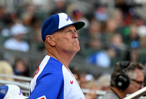 Atlanta Braves’ manager Brian Snitker looks to the score board during the seventh inning at Truist Park, Saturday, May 27, 2023, in Atlanta. Philadelphia Phillies won 2-1 over Atlanta Braves. (Hyosub Shin / Hyosub.Shin@ajc.com)