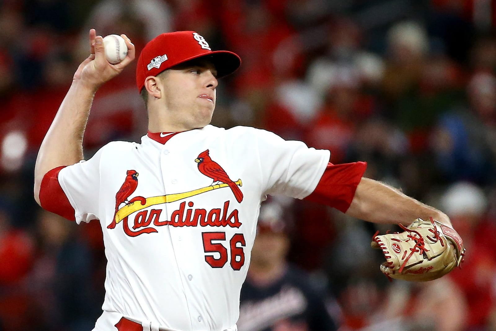 St. Louis Cardinals relief pitcher Ryan Helsley, a Cherokee Nation member, said earlier this month that the Braves’ tomahawk chop ritual is “a misrepresentation of the Cherokee people or Native Americans in general.” He is seen here delivering a pitch against the Washington Nationals on Friday in Game 1 of the National League Championship Series. SCOTT KANE / GETTY IMAGES