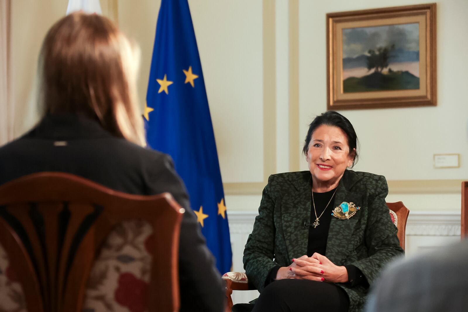 In this photo released by Administration of the President of Georgia, Georgian President Salome Zourabichvili speaks during her interview with the Associated Press after the parliamentary election in Tbilisi, Georgia, on Monday, Oct. 28, 2024. (Administration of the President of Georgia via AP)