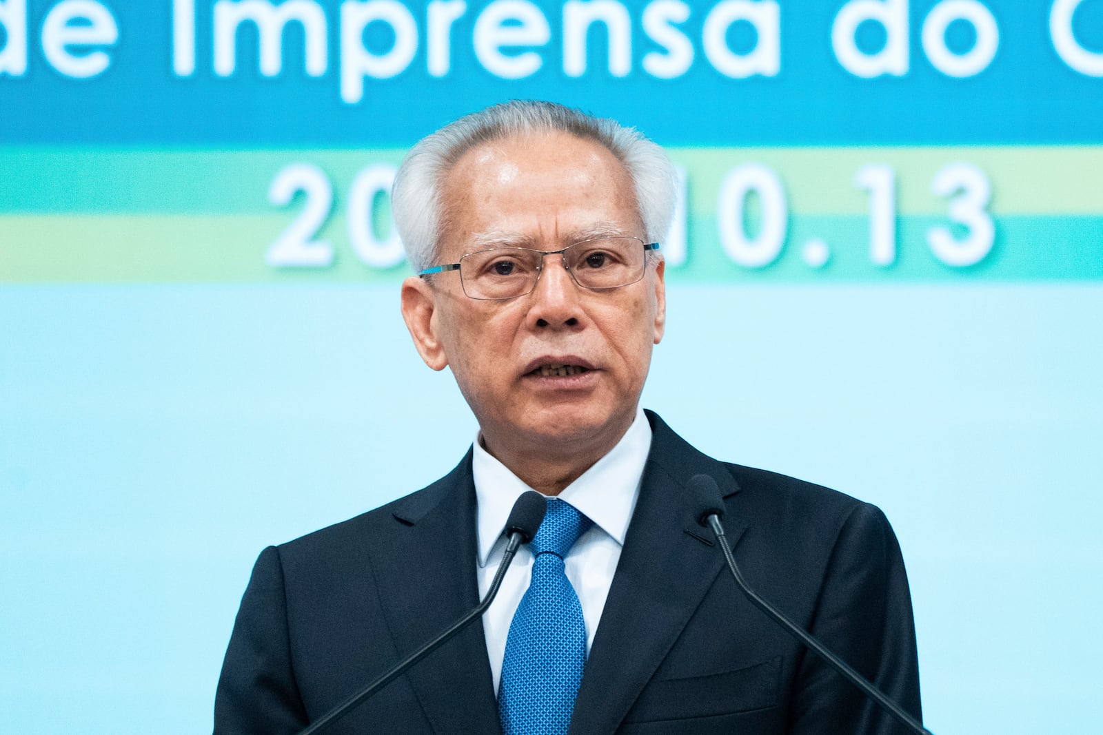 The sole candidate for the Macao chief executive post, Sam Hou-fai, the city's former top judge, speaks after declaring his victory in the chief executive election in Macao, Sunday, Oct. 13, 2024. (AP Photo/Bertha Wang)