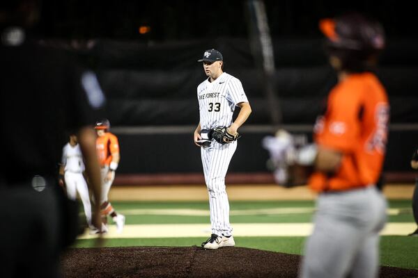 6-foot-6 right-hander Ryan Cusick, the Braves' first-round draft pick from Wake Forest, is a towering presence on the mound. (Photo courtesy of Wake Forest Athletics)