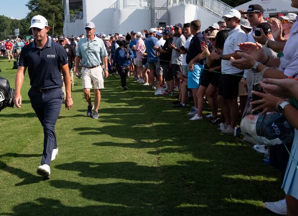 Patrick Cantlay walks past the crowd on 15 during the final round of the PGA Tour Championship Sunday, Sept. 5, 2021, at East Lake Golf Club in Atlanta. (Ben Gray/For the AJC)