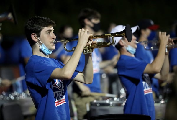 The Walton High School marching band performs in the end zone during a home football game against Kell in Marietta, Georgia on Sept. 4 2020. JASON GETZ FOR THE ATLANTA JOURNAL-CONSTITUTION