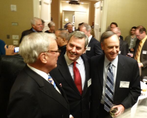 Fox 5's Dale Russell, former Channel 2 Action news anchor John Pruitt (right) and Tom Brokaw kibitz at the VIP party before the Atlanta Press Club Hall of Fame dinner. CREDIT: Rodney Ho/rho@ajc.com