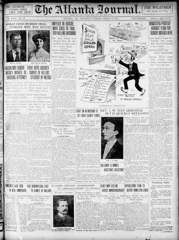 The Atlanta Journal front page on March 13, 1913.