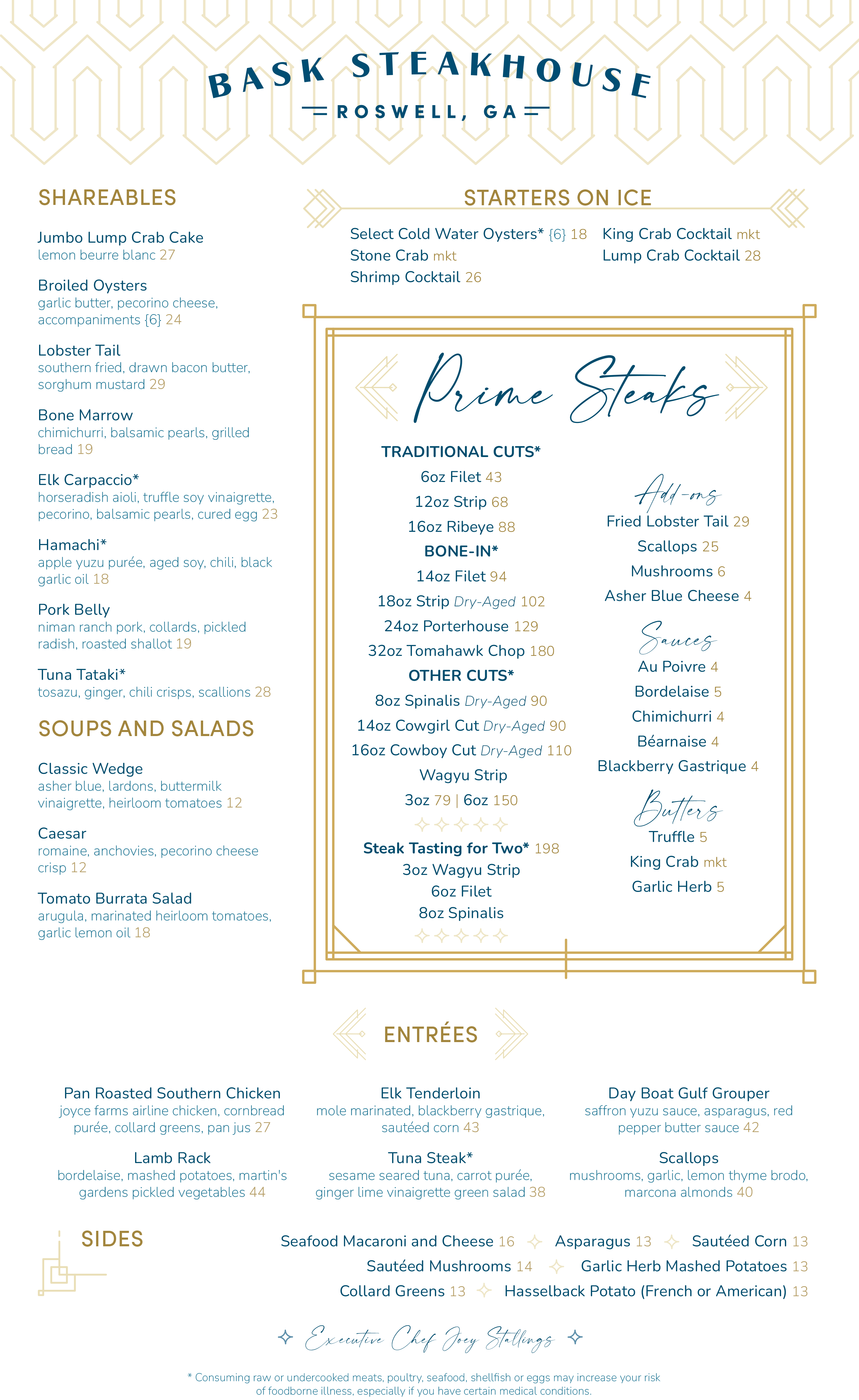 The menu for Bask Steahouse