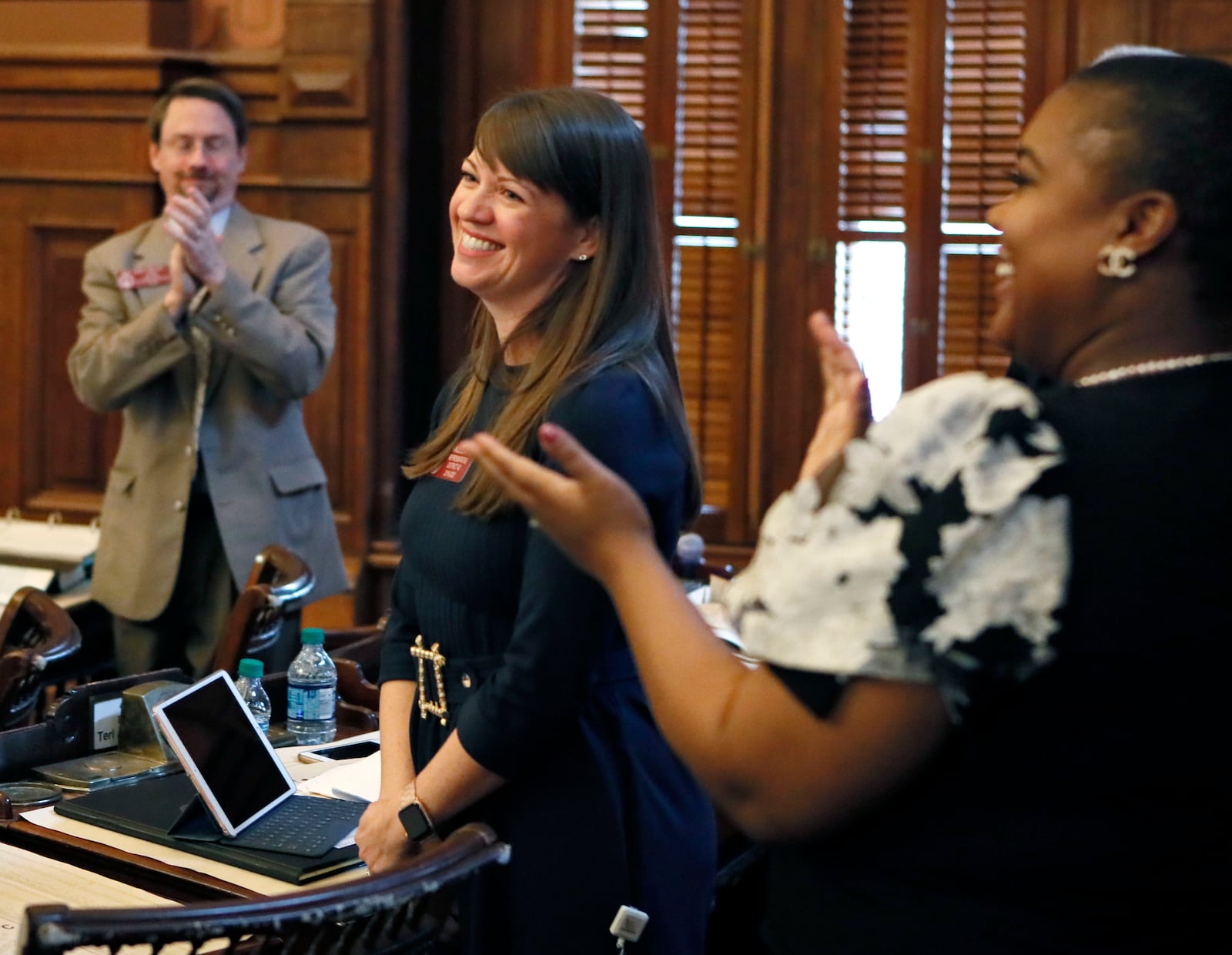 State Rep. Teri Anulewicz, D-Smyrna, praised Democratic state Rep. Doug Stoner after he announced that he would not seek reelection. The two were paired in the same stateHouse district by redistricting. Bob Andres / bandres@ajc.com