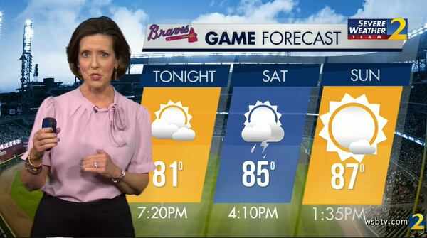 There is a chance of a shower Saturday afternoon when the Braves play the Pittsburgh Pirates at Truist Park, according to Channel 2 Action News meteorologist Jennifer Lopez.