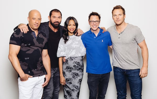 The cast of the "Guardians of the Galaxy" franchise is speaking out on behalf of fired director James Gunn (second right). From left: Vin Diesel, Dave Bautista, Zoe Saldana, Gunn and Chris Pratt.