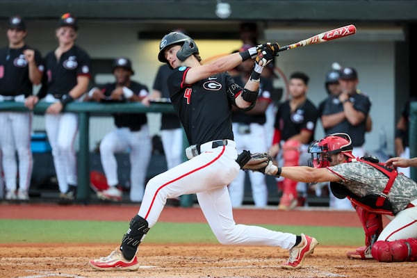 Georgia’s Charlie Condon strikes out during the third inning against N.C. State in Game 3 of the NCAA Super Regional at Foley Field, Monday, June 10, 2024, in Athens, Ga. (Jason Getz / AJC)
