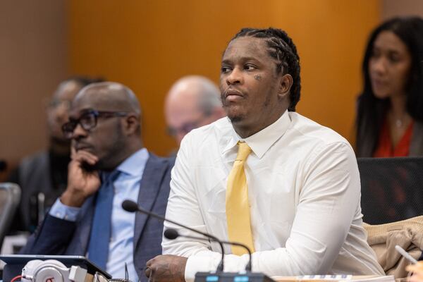 Atlanta rapper Young Thug appears during his ongoing gang and racketeering trial at Fulton County Courthouse in Atlanta on Wednesday, January 3, 2024. (Arvin Temkar / arvin.temkar@ajc.com)