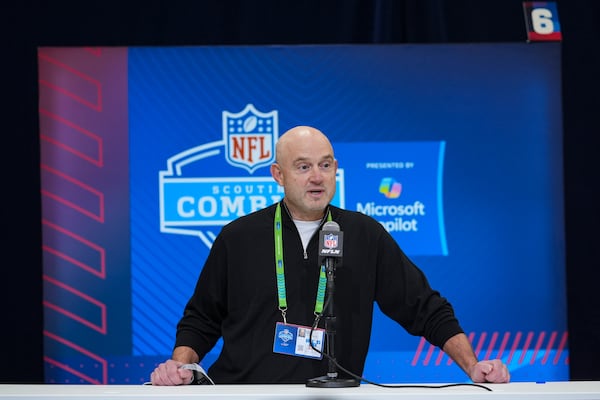 Cincinnati Bengals director of player personnel Duke Tobin speaks during a press conference at the NFL football scouting combine in Indianapolis, Tuesday, Feb. 25, 2025. (AP Photo/Michael Conroy)