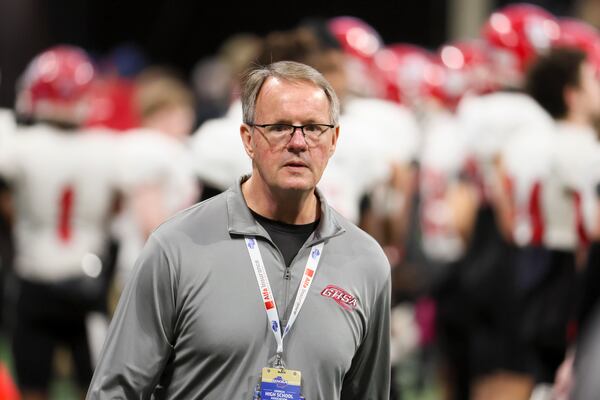 GHSA executive director Robin Hines is shown on the sideline during the game between Cedar Grove and Savannah Christian in the Class 3A GHSA State Championship game at Mercedes-Benz Stadium, Wednesday, Dec. 13, 2023, in Atlanta. (Jason Getz / Jason.Getz@ajc.com)