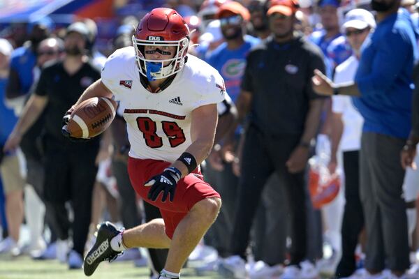 FILE - Eastern Washington wide receiver Efton Chism III (89) runs after catching a pass during the second half of an NCAA college football game against Florida, Sunday, Oct. 2, 2022, in Gainesville, Fla. (AP Photo/Phelan M. Ebenhack, File)