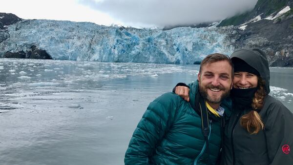 Benjamin Myers and Marlise Kast-Myers celebrate the last day of their motorcycle road trip with the 26 Glacier Cruise outside of Whittier, Alaska. (Benjamin Myers)