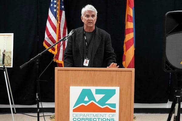 Michael Kiefer of the Arizona Mirror speaks about witnessing the execution of inmate Aaron Brian Gunches at the Arizona State Prison Wednesday, March 19, 2025 in Florence, Ariz. (AP Photo/Darryl Webb)