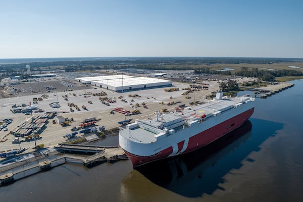 A ship designed to carry autos, farm implements and other wheeled vehicles docks at the Colonel's Island terminal at the Georgia Ports Authority's facility in Brunswick. The port is the second busiest for automobiles in the United States. (Courtesy of Georgia Ports Authority)