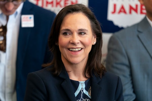 FILE — Ohio republican senatorial candidate Jane Timken listens at a rally in Cincinnati on this March 4, 2022. (AP Photo/Jeff Dean, File)